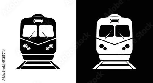 Black and white subway train icons on contrasting backgrounds.