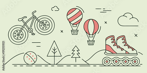 A whimsical illustration showcasing various modes of transportation and adventure. Vector