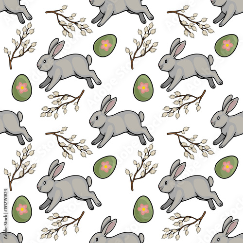 Seamless vector pattern of playful grey bunnies and decorative Easter eggs with pussy willow branches on white background