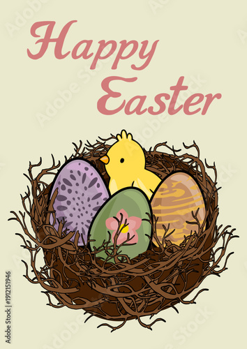 Happy Easter vector poster illustration of a cute chick in a nest with decorated eggs