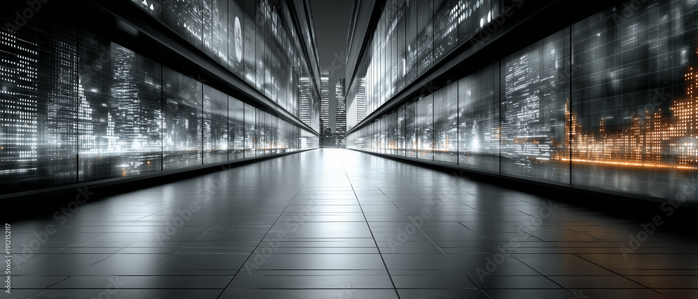Obraz premium Futuristic urban corridor with digital metrics display.