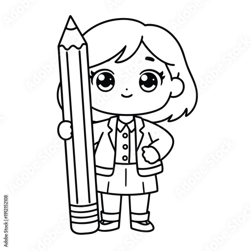 Cute cartoon girl holding a giant pencil ready for school.