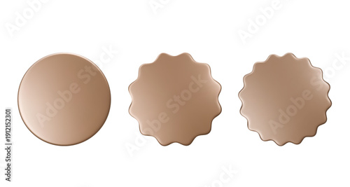 Set golden sticker, badge mockup. Blank labels of gold circle shapes with wavy edge. Vector isolated on white. Copy space. Stickers or patches for preview tags, labels, design, presentation, adv