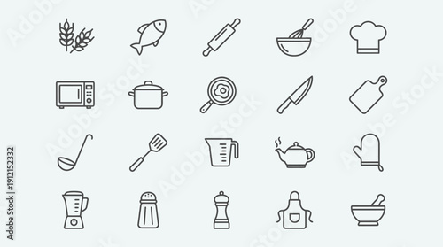 Outline icons of kitchenware, cooking ingredients, and chef accessories for culinary designs