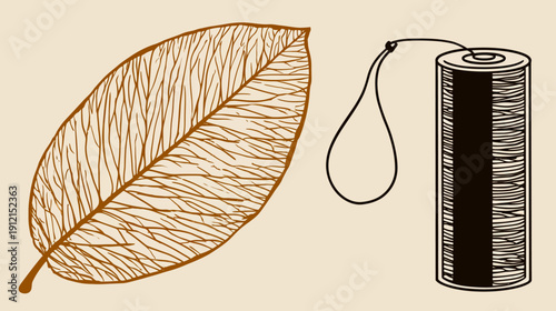 Artistic line art illustration of a detailed botanical leaf next to a generic battery, symbolizing natural energy and sustainable power concepts.