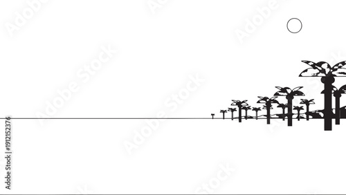 Minimal coastal landscape with distant palm silhouettes along a calm horizon line.