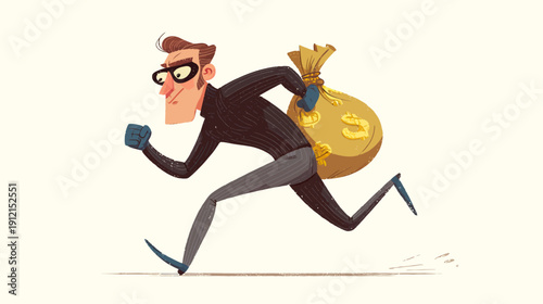 Dynamic cartoon illustration of a masked thief running with a sack of money. Concept of crime, theft, robbery, and escape.