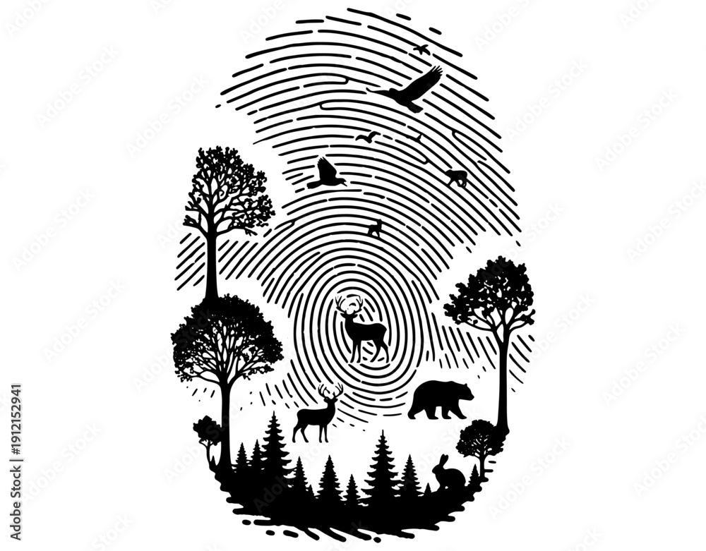 Fototapeta premium Human Fingerprint Concept with Forest Trees and Wild Animals, Nature Conservation and Ecology Awareness Illustration, Minimalist Wildlife and Environment Line Art Vector Design.