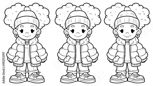 Cute cartoon child with afro hair wearing a winter beanie and puffer jacket. Black and white line art outline for coloring book.