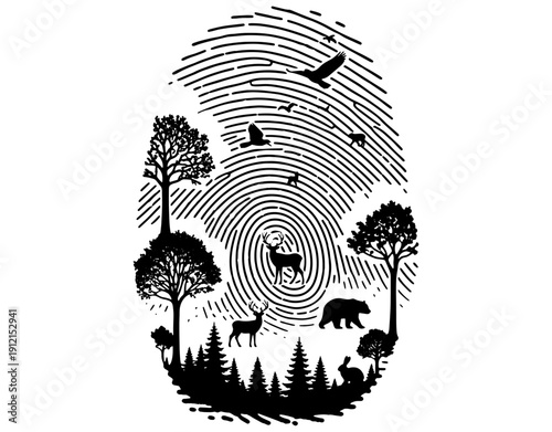 Human Fingerprint Concept with Forest Trees and Wild Animals, Nature Conservation and Ecology Awareness Illustration, Minimalist Wildlife and Environment Line Art Vector Design.
