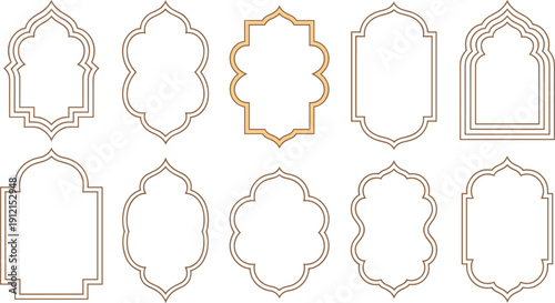 Comprehensive set of ten decorative gold line Islamic and Oriental frames featuring traditional architectural silhouettes for elegant cultural invitations and graphic design.