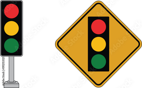 Standard three color traffic light signal vector with a matching yellow diamond warning sign for road safety and transportation control systems.