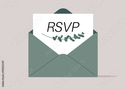 RSVP, A beautifully crafted invitation is tucked inside a gentle green envelope, The elegant design invites guests to respond and join a memorable event filled with joy and excitement