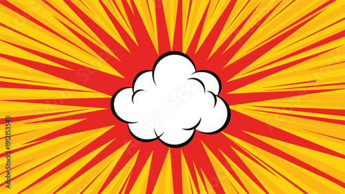 Bright comic book style explosion cloud burst over a vibrant yellow and orange radial sunburst background pattern.