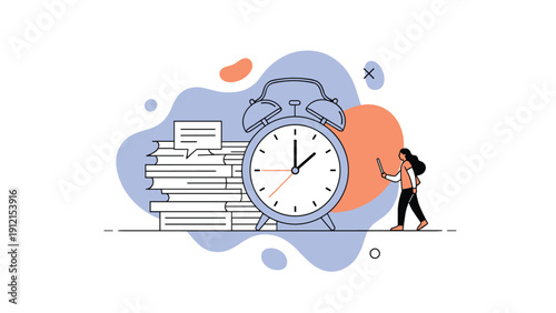 Time management and study concept featuring a large alarm clock next to a tall stack of books with a woman walking by in a minimalist style.