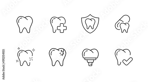 Dental care icons set: tooth, health, protection, implant and checkmark