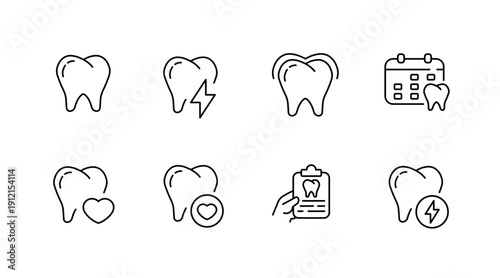 Dental icon set representing tooth pain, calendar, heart, and tooth care checklist