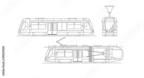 Technical drawing of a tram with side and front views.