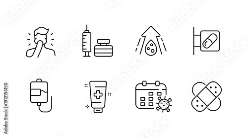 Healthcare icons: treatment, injection, pills, bandage, vaccine, virus, medicine, dropper