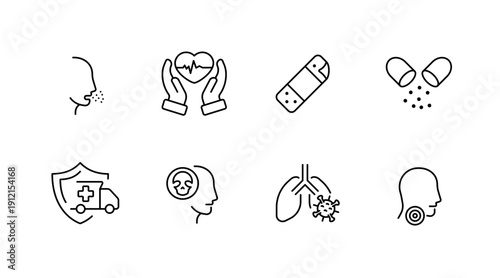 Medical line icons: sneezing, heart care, bandage, pills, ambulance, mental health, lungs, sore throat