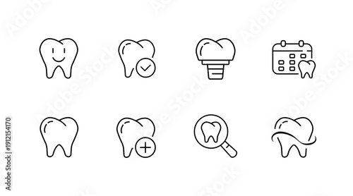 Dental icons set - tooth, checkmark, implant, calendar, zoom, plus, smile