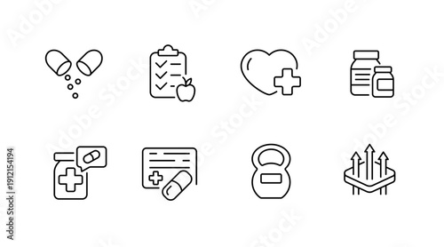 Wellness and fitness icons: health, nutrition, medicine, exercise, growth