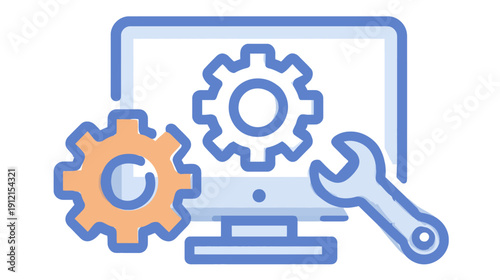 Computer screen with gears and a wrench representing technical support, system settings, maintenance, and IT engineering.