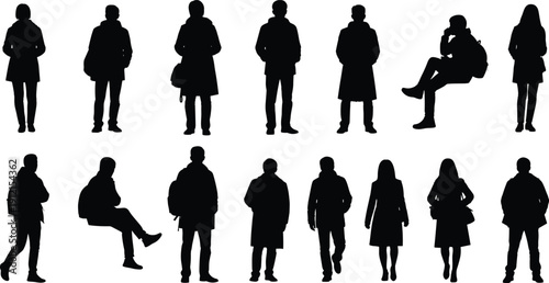 Collection of black and white vector silhouettes of people standing and sitting in winter clothes holding bags and waiting.
