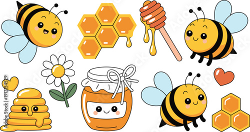 Bee and honey cartoon vector illustration set, playful smiling mascots with honeycomb, flowers, dipper, jar, and cheerful nature artwork