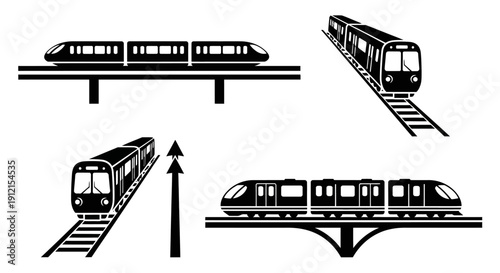 Monorail train on elevated tracks in various positions.