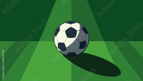 A black and white soccer ball icon with detailed pentagon and hexagon patterns casts a shadow on a green gradient background