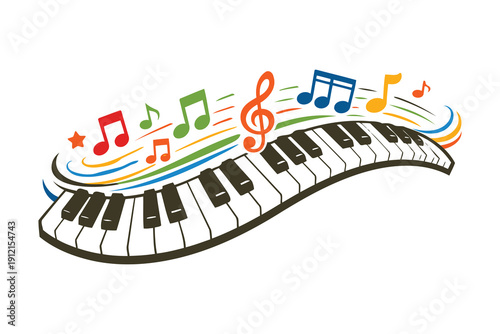 colorful piano keyboard with music notes