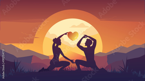 A silhouette vector illustration of a couple forming a heart shape with their hands against a vibrant sunset backdrop with mountains