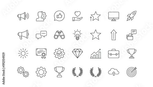 Comprehensive Business & Marketing Line Icons: Strategy, Growth, Innovation, and Achievement Concepts