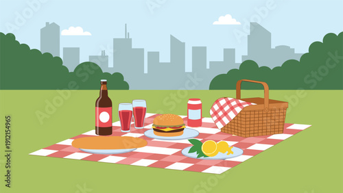 Relaxing outdoor picnic scene featuring a red checkered blanket with food drinks and a basket set against a green park and city skyline.