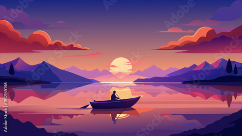 A serene vector illustration of a person paddling a small boat on a calm lake surrounded by mountains during a colorful sunset