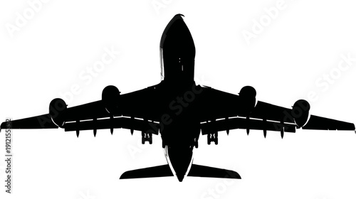 Black Silhouette of Commercial Passenger Airplane Icon. Airliner Aircraft from Below on White Background for Air Travel, Flight, Aviation
