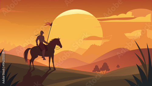 A minimalist vector illustration of a silhouetted warrior riding a horse across a hill with a setting sun