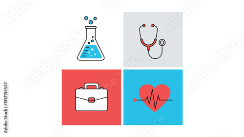 Medical and professional service icons featuring a laboratory flask stethoscope business briefcase and a heart with an electrocardiogram pulse.