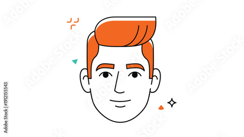 Modern portrait of a young man with styled orange hair surrounded by small geometric decorative elements on a clean white background.