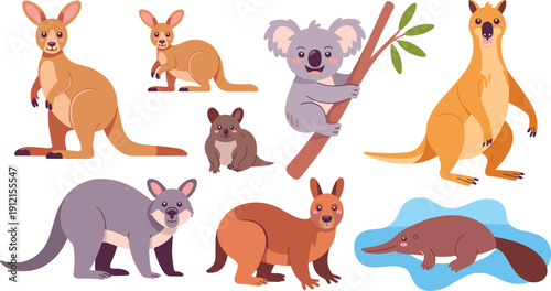 Set of cute Australian animal vector illustrations featuring kangaroo, koala, platypus, wallaby, and wombat isolated on white background for kids design projects.
