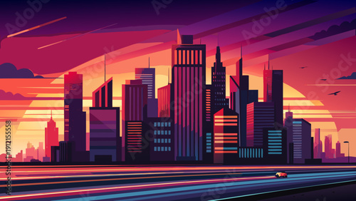 A vibrant vector illustration of a futuristic city skyline at sunset with tall skyscrapers and modern buildings silhouetted against a gradient red and purple sky.