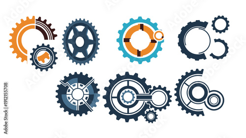 Assorted collection of technical gear silhouettes in various colors and arrangements representing mechanics engineering and industrial teamwork.