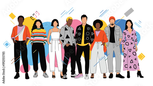 Group of eight multicultural young adults standing together in trendy and colorful casual clothing against an abstract background of shapes.