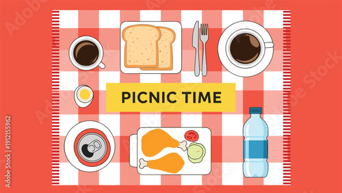 Picnic table setting with assorted food items including bread, fried chicken, coffee, and drinks on a checkered cloth.