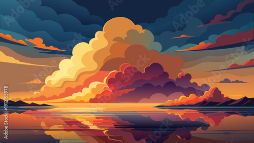 A vibrant illustration of a dramatic sunset over calm waters with towering clouds reflecting on the water's surface