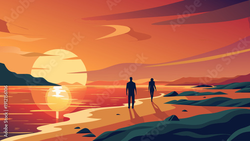 A vector illustration of two silhouetted figures walking along a shoreline during a vibrant sunset with the sun reflecting on the water