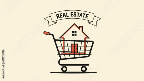 Real estate market concept shown with a house sitting inside a shopping cart under a decorative banner.