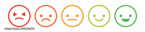 Emoji face icon set with diverse expressions. Vector cartoon emoticons showing different feelings. Customer satisfaction feedback and mood rating scale from happy to angry.