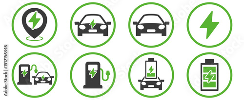 Set of electric car charging station and location icons, Vector flat design